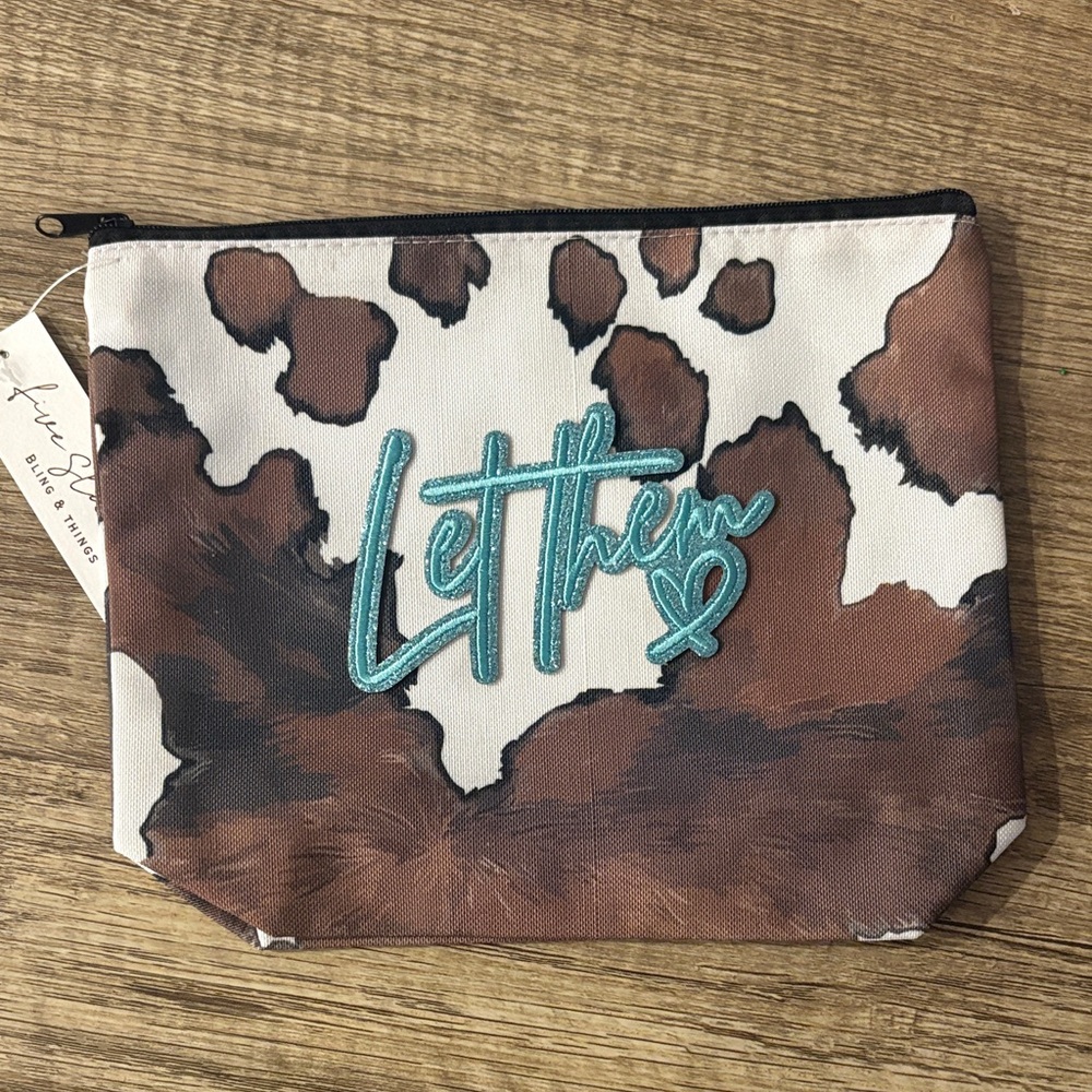 Cow Print Pouch with Teal Embroidery